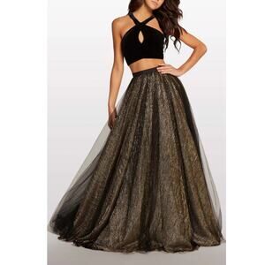 ALYCE PARIS STARRY NIGHT Black Gold Kalani Halter Top Velvet Gown Small PROM